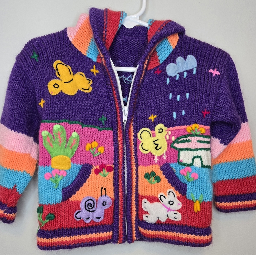 Peruvian Handknit Zip Up Hoodie Sweater w/applique 12m